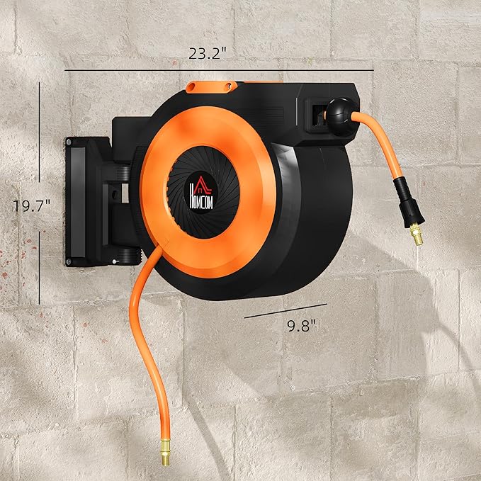 HOMCOM Retractable Air Hose Reel, Wall Mounted Air Compressor Hose Reel with Swivel Bracket, Auto Rewind, 3/8 in x 98 ft, 6.6 ft Lead in, 300 PSI, Air Coupler, Black and Orange