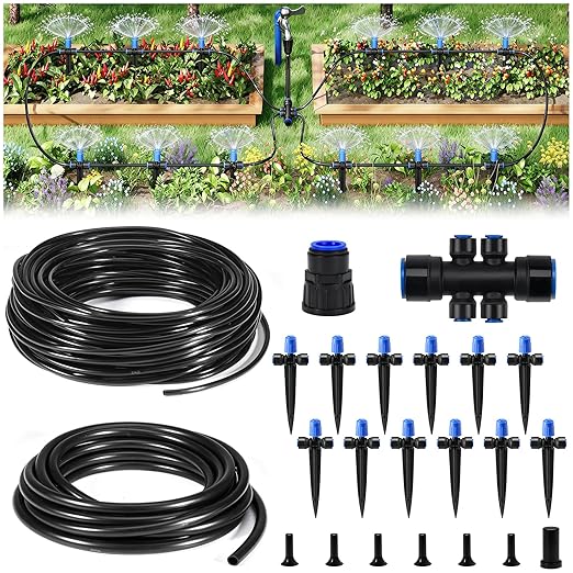 HIRALIY 50FT Quick-Connect Drip Irrigation Kit, Garden Watering System with 40FT 1/4" Tubing, 10FT Main Hose & 12 Adjustable Drippers for Patio Pots, Raised Beds & Small Vegetable Gardens