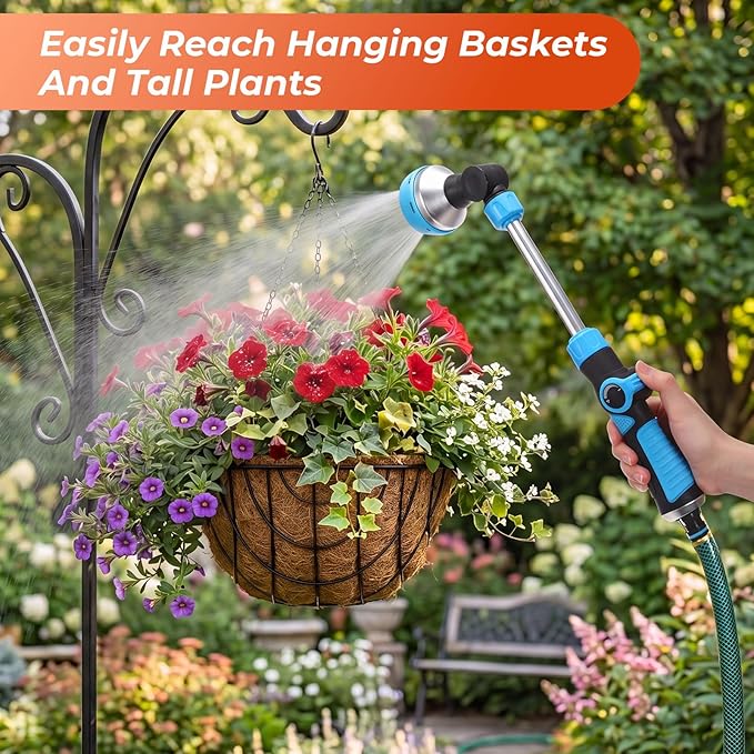 Chumia 2 Pack Metal Watering Wand with 8 Adjustable Spray Patterns 18'' Hose Nozzle Sprayer Heavy Duty 180° Rotating Thumb Control Watering Wand for Garden Lawn Hanging Baskets Orange Blue