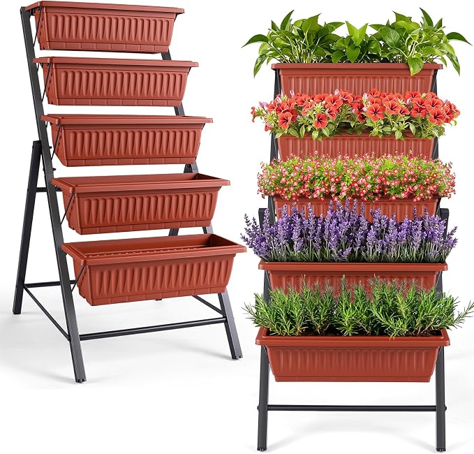 TEANDE 2 Pack Vertical Raised Garden Bed, 5-Tier Elevated Planter Box w/Drainage System & 4 Hooks for Herbs Vegetables Flowers, Vertical Garden Planter for Patio Yard Indoor Outdoor, Dark Red