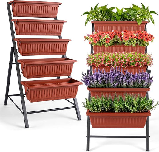 TEANDE 2 Pack Vertical Raised Garden Bed, 5-Tier Elevated Planter Box w/Drainage System & 4 Hooks for Herbs Vegetables Flowers, Vertical Garden Planter for Patio Yard Indoor Outdoor, Dark Red