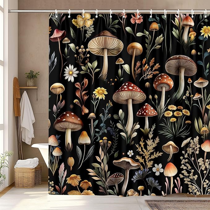 Vintage Mushroom Shower Curtain, Witchy Aesthetic Black Boho Floral Retro Botanical Shower Curtain Set, Fairy Dark Wildflower Plant Decorative Farmhouse Bathroom Accessories Curtain with Hook 70X70IN