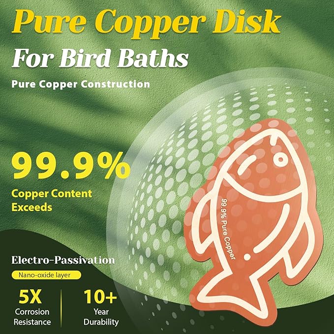 3Pcs Bird Bath Copper Purification Disk 99.99% Pure Copper Water Cleaning Discs 0.6mm Physical Clean Water for All-Season Universal Natural Fit for Outdoor Birdbaths, Bowls, Garden Fountain (Fish)