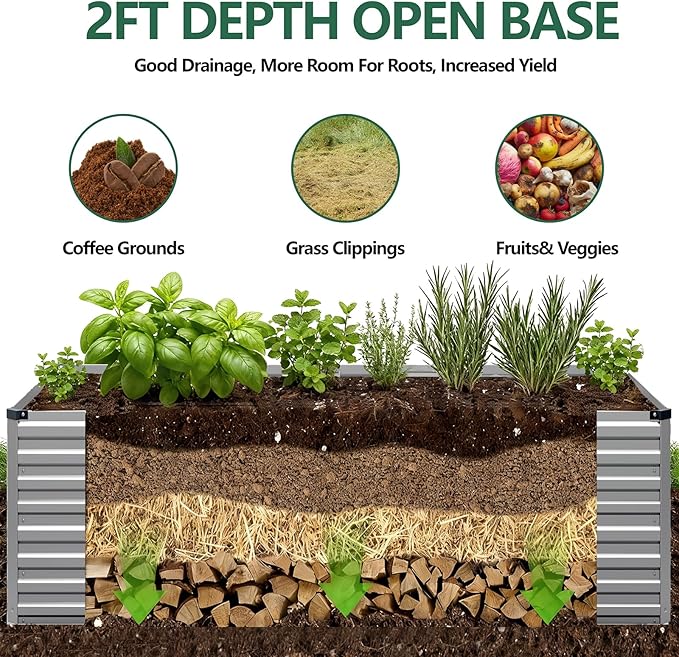 Vengarus 6x3x2FT Galvanized Raised Garden Bed Kit, Deep Root Planter Box Outdoor Large Planter Raised Beds for Planting Flowers,Vegetables and Herbs-Silver