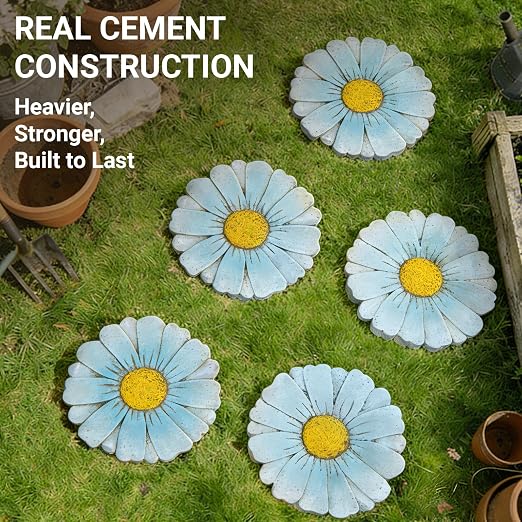 2 Pack Daisy Cement Stepping Stones 10 Inch, Heavy Duty Garden Pathway Stones, Non Slip Outdoor Walkway Decor for Yard Patio Lawn, Weather Resistant Cement Stepping Stones (Blue)