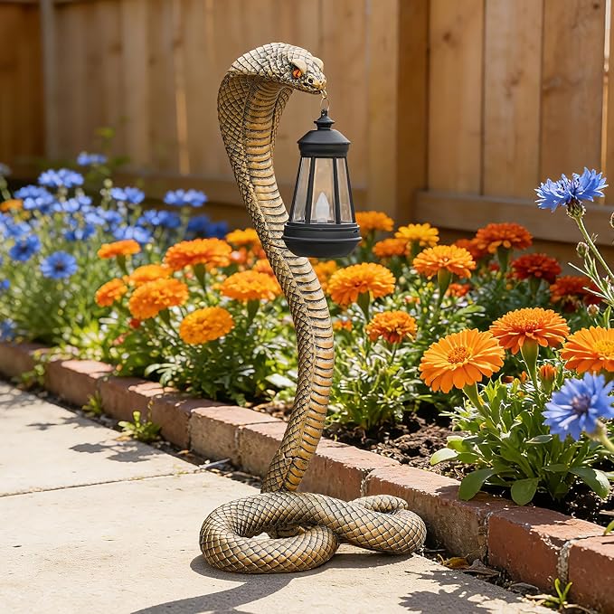 Garden Outdoor Statues 19.89'' Snake with Solar Lantern,Lawn Decor Statue for Patio, Balcony, Yard Ornament, Unique Housewarming and Birthdays Gifts for Father Grandpa Men