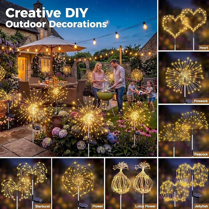 btfarm 3 Pack 120 LED Solar Garden Lights Outdoor, 8 Modes Firework Lights Solar Powered, Waterproof Twinkle Fairy Light Outside for Yard Patio Pathway Pool Christmas Party Decorative, Warm White