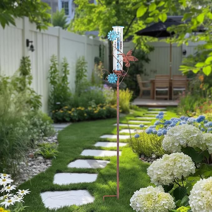 WONDER GARDEN Rain Gauge Outdoor, Decorative Rain Gauges Outdoors Best Rated with Hummingbird and Flower, Freeze Proof Water Rain Measure Gauge for Yard Patio Lawn Garden Decor