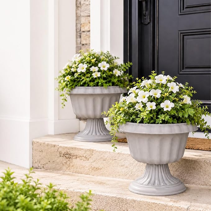 Usocik 12 Inch PP Resin Urn Planters 2 Pack Stone Gray | 2 pack stone gray PP resin urn planters with solid bottom for porch patio entryway balcony and indoor decor