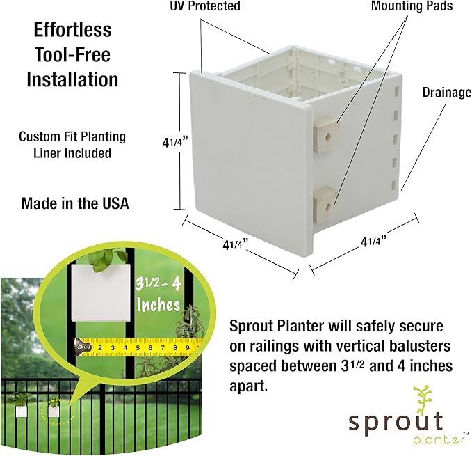 Railing Planter 5-Pack, White (4-inch) | Tool-Free Space-Saving Floating Flower Pots for Balcony Railings | Vertical Garden Railing Planters | UV-Protected, Made in USA