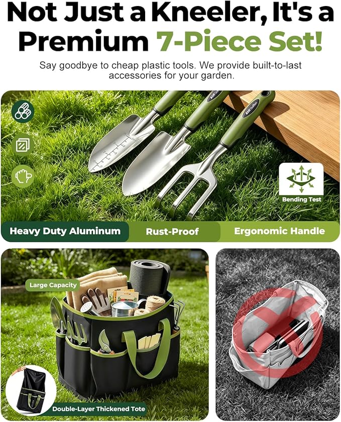 Garden Stool & Kneeler 7-Piece Set with 3 Aluminum Tools, Double-Layer Tote Bag & 2 Side Pouches - Foldable Gardening Bench Kit - Ideal Gifts for Women Mom Seniors (Light Green)