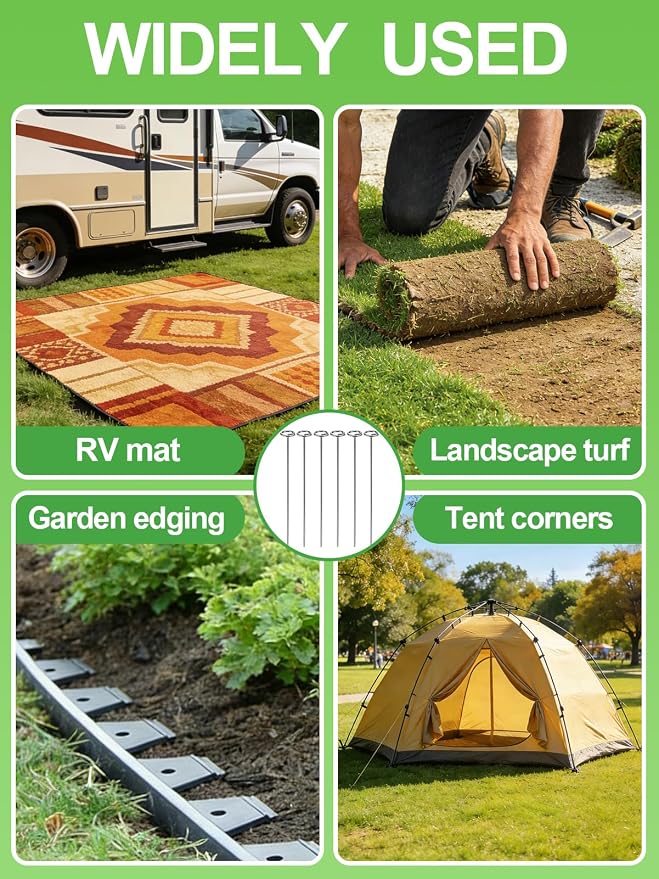 12 Inch Landscape Staples with Hook & Hammer - 120pcs Circle Top Weed Barrier Stakes Kit, 9 Gauge Galvanized Rust-Resistant Garden Fabric Pins, for SOD, Garden Edging, Install & Remove Tools Included