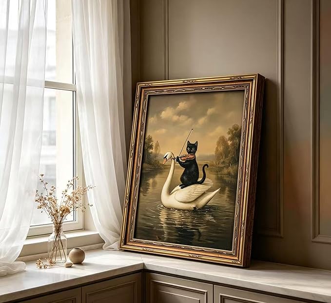 Vintage Gold Framed Black Cat Wall Art,Dark Academia Swan Painting Canvas Print,Moody Cottagecore Cute Animal Wall Decor, Rustic Farmhouse Animal Poster Artwork for Living Room Bedroom Bathroom
