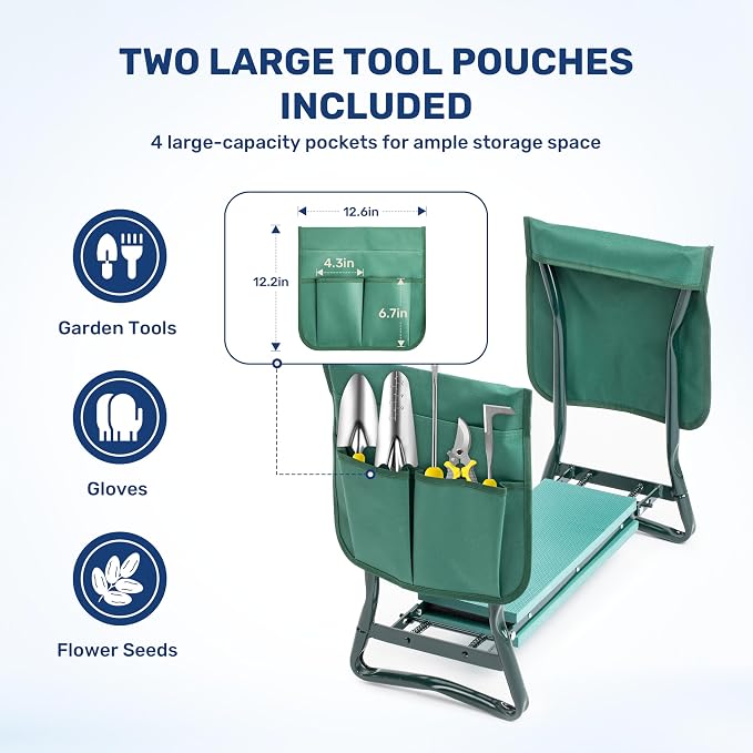 Healsmart Garden Kneeler and Seat, Foldable Kneeling Bench with Sturdy Soft EVA Foam Pad, for Camping, Gardening, Fishing, 2 Tool Pouches Included, Green
