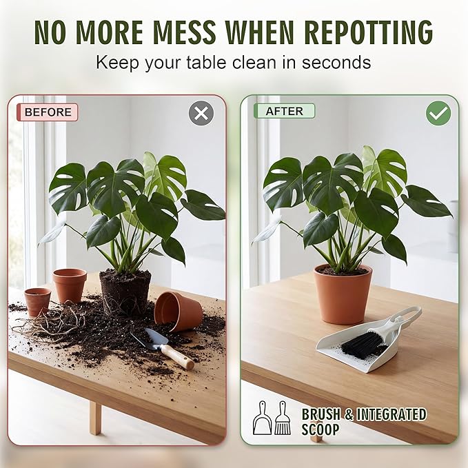 Enhon Mini Soil Scoop with Brush for Indoor Plants, 2 in 1 Plant Potting Tool Set for Mess Free Repotting, Mini Dustpan and Brush Set for Succulents, Bonsai & Desktop Plant Care