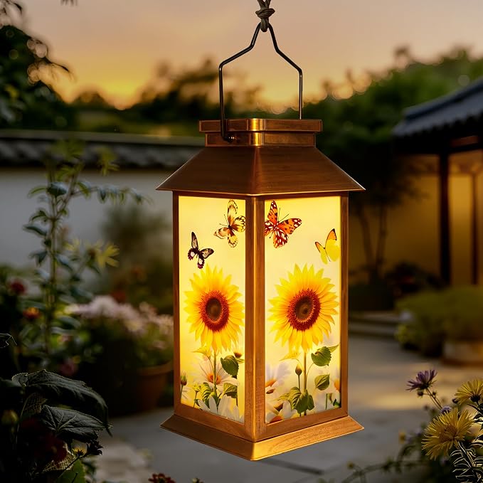 Guhope Birthday Gifts for Women Mom Grandma Men, Solar Lanterns Outdoor Waterproof Hanging Garden Decor with Sunflower Butterfly Pattern Outdoor Solar Lights for Garden Lawn Yard Patio Porch