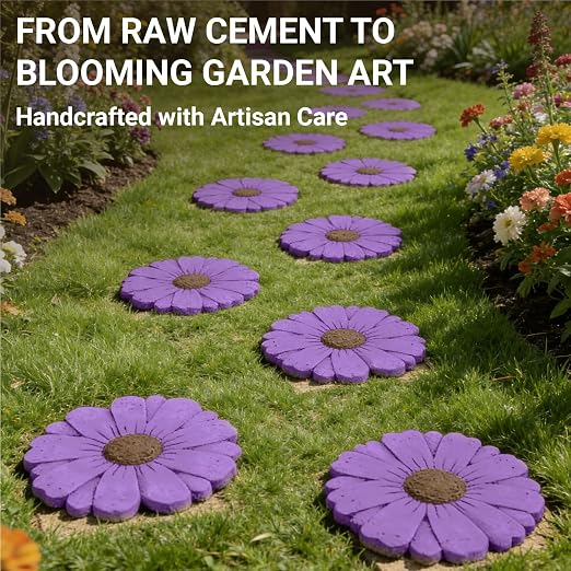 Heavy Duty Concrete Stepping Stone 10 Inch Daisy Design, Non Slip Garden Pathway Stone for Outdoor Walkway Yard Patio Lawn (Purple)
