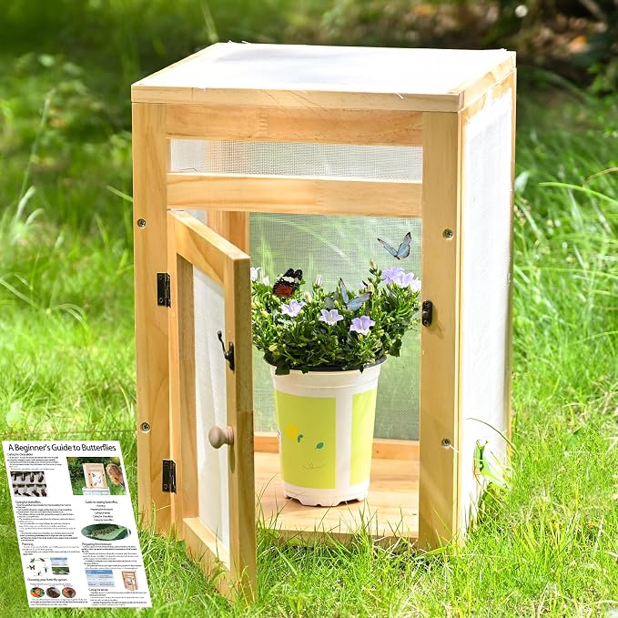 Yohsnor Butterfly Habitat Cage Kit - 15.7" Monarch Caterpillar House with Wooden Frame & Mesh Enclosure, Grow Tent for Hatching Butterflies, Kids Observation & Garden Insect Cages (Includes Guide)