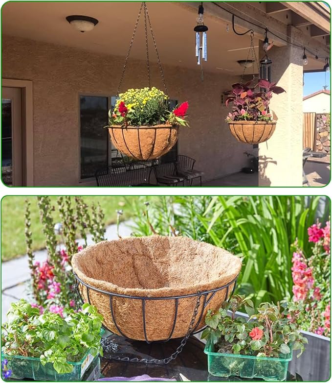 LCHUANG Hanging Baskets Planter for Plants - 4 Pack 10 Inch Metal Baskets with Coco Coir Liner, Hanging Flower Pots for Outside with Chain, Indoor Outdoor Garden Porch Decoration (10'' Pack of 4)