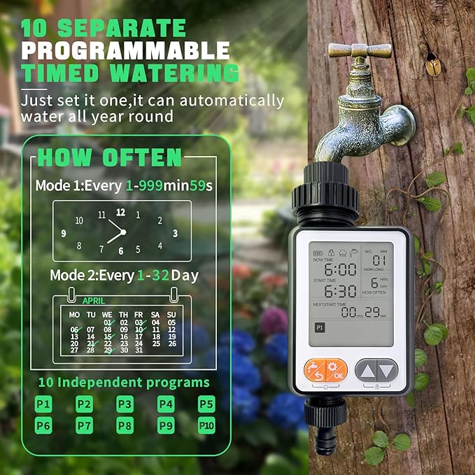 Water Timer for Garden Hose with Auto Rain Delay, 10 Programmable Sprinkler Timer with 3.3“ Large LCD IP54 Waterproof Drip Irrigation Watering Timers for Plant, Yard, Lawns, Outdoor