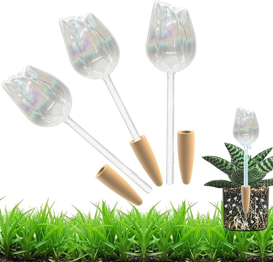 HyJeryty Non-Clogging Iridescent 3 Pack Tulip Plant Watering Globes with Terracotta Spikes, Hand Blown Glass Self Watering Planter Insert Plant Watering Devices Bulbs for Indoor and Outdoor Plants
