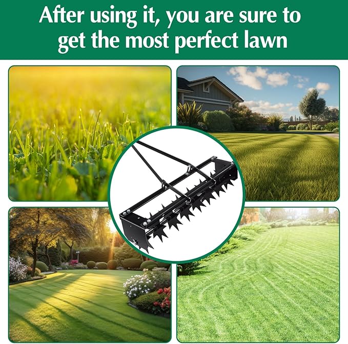 Lasnten 32 Inch Tow Behind Spike Aerator Soil Penetrator Spikes Tractor with Galvanized Steel Tines and Wide Tow Bar Black Lawn Aerator for Home Yard Farm Use