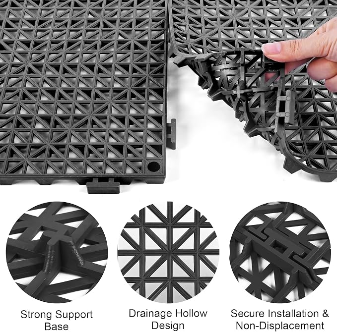 MYFAMIREA Modular Interlocking Cushion 36 Pack 11.8" x 11.8" Rubber Floor Tiles Non-Slip Splicing Drainage Mats for Deck, Black