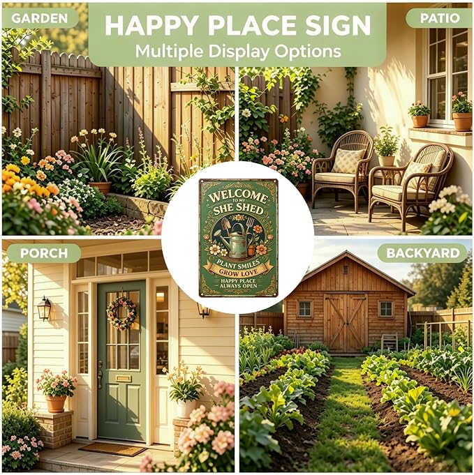 2D Flat Funny Garden Signs, Welcome to My She Shed Vintage Garden Decor, Outdoor Wall Decor for Patio Yard Greenhouse Home, Waterproof Garden Gifts 8x12 Inch