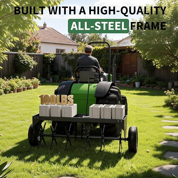 40 Inch Tow Behind Lawn Plug Aerator,100LBS Capacity Yard Aerator with Universal Hitch &10" Tires, Heavy Duty Aerator Lawn Tool Tow Behind, Steel Core Aerator for Garden Farm Yard Lawn Care