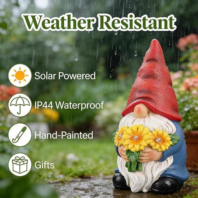 Garden Gnomes Outdoor Solar Garden Decor Garden Statues with Sunflower Lights Yard Decorations Outdoor Patio Porch Backyard Decor, Housewarming Birthday Gifts for Women Friends
