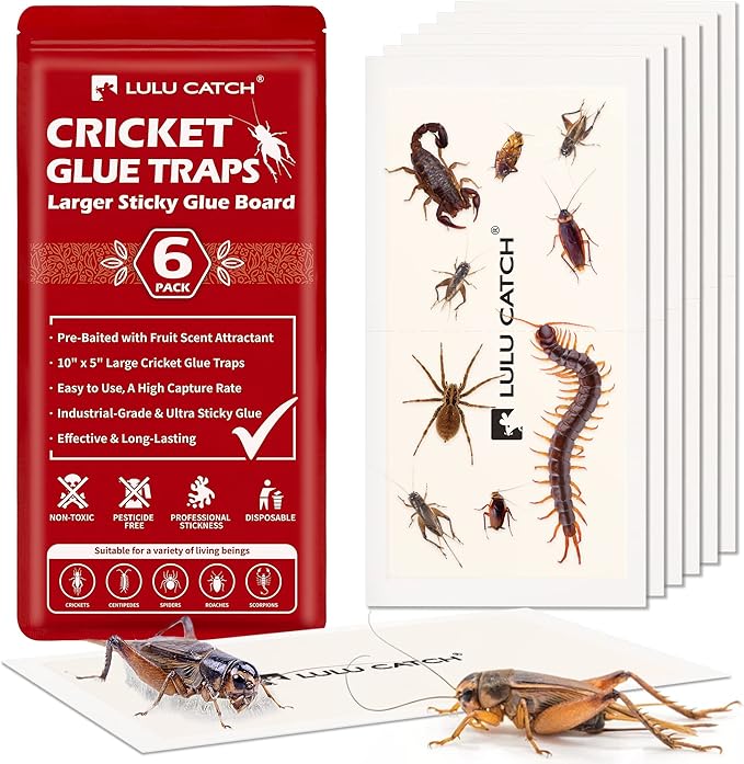 LULUCATCH Cricket Insect Glue Traps - 6 Pack Bug Cockroach Sticky Traps, Large Spider Trap with Pre-Baited Attractant, Highly Effective Glue Boards Indoor, Non-Toxic Pet Safe, Easy to Use