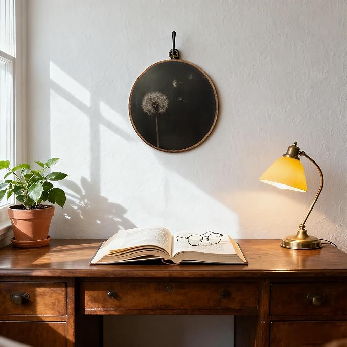 DOFQZ Vintage Dark Dandelion Floral Round Wall Art Decor, Rustic Flower Botanical Framed Wall Art, Dark Cottagecore Moody Plant Canvas Wall Hanging Decor for Home Bedroom Living Room, 10x10