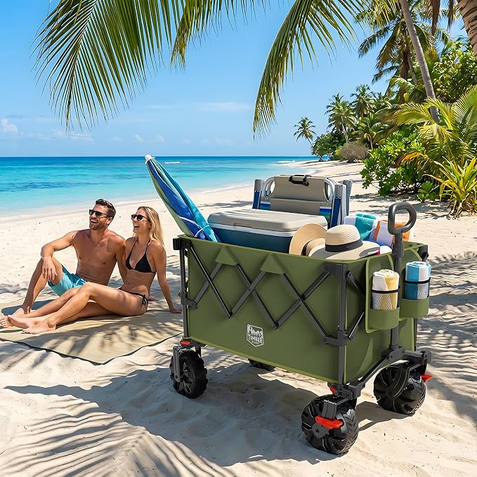 TIMBER RIDGE Outdoor Collapsible Folding Wagon with Brakes and Cup Holders, 500lbs Heavy Duty All Terrain Wheels Utility Cart for Shopping Camping Garden Sports, Green