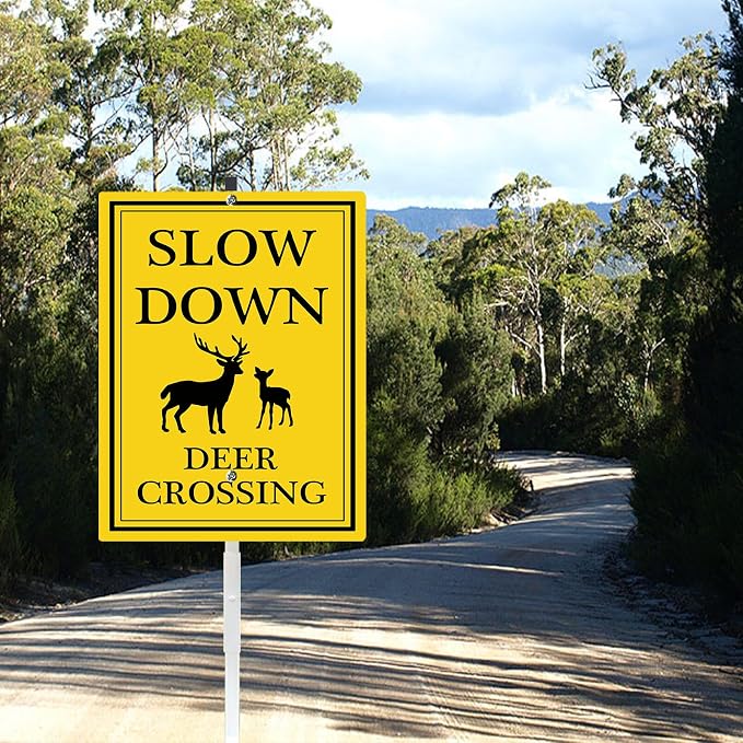 Deer Crossing Sign Slow Down Yard Sign with Stake Rustproof Reflective Aluminum Caution Safety Signs Drive Slowly Watch for Deer Animal Sign for Street Neighborhoods