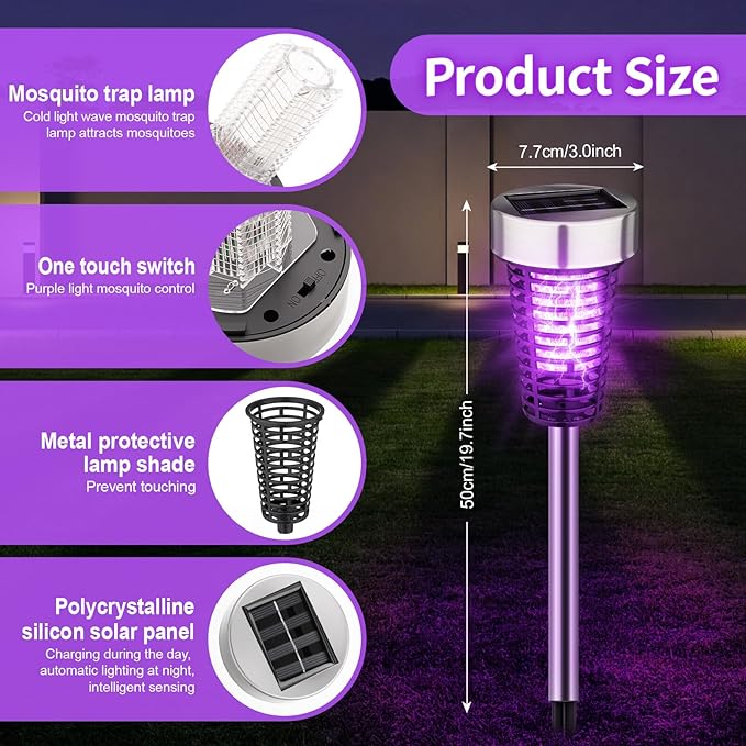 Qualirey 4 Pack Solar Bug Zapper Outdoor Waterproof Mosquito Repellent Killer Bug Zapper Lamp with LED Light for Outdoor Garden Patio Yard (Purple and Flame Light,Silver)