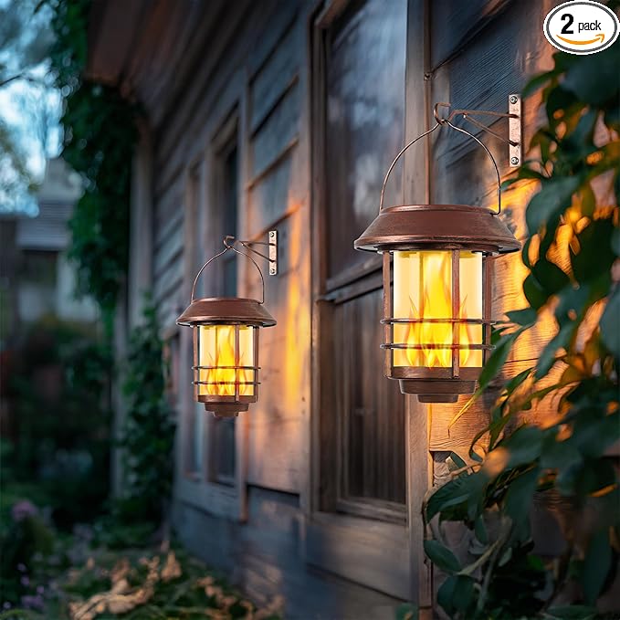 Otdair Solar Lanterns Outdoor Waterproof, 2 Pack Flickering Flames Wall Garden Decor , Hanging Solar Lights Wall Mount Decorations for Halloween, Front Porch, Patio, Yard, Bronze