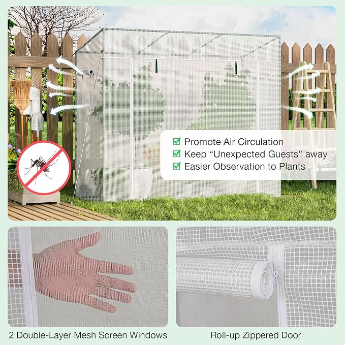 Giantex Walk-in Greenhouse, 4 Ground Stakes & Ropes, Outdoor Portable Mini Greenhouse w/ PE Cover, Heavy-Duty Metal Frame, Roll-up Zipper Door, Double-Layer Screen Windows, 6.6 x 2.5 x 5.6 FT