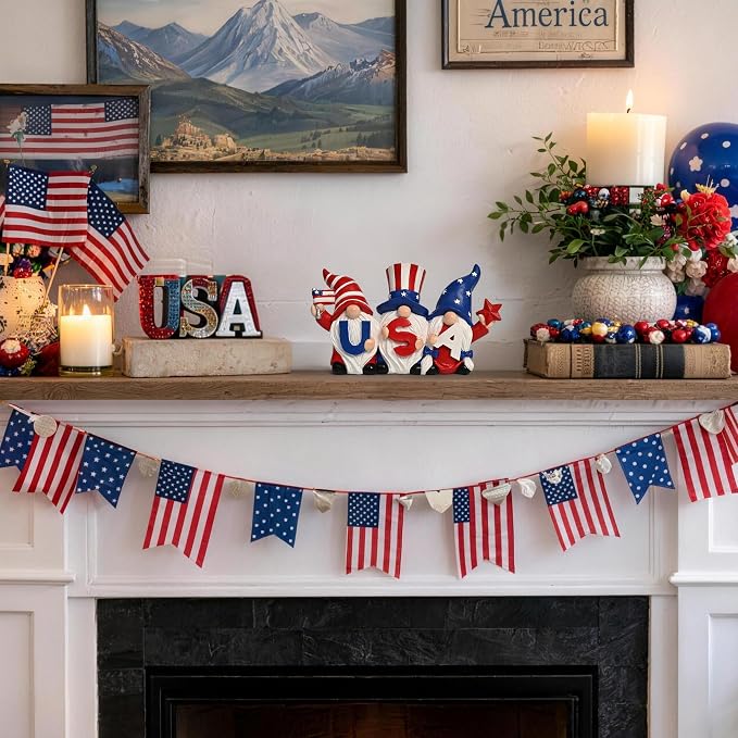 TISEJOY 4th of July Decorations Outdoor Gnomes for Memorial Day Decorations 4“, Garden Gnomes Statues, Patriotic Decorations for Home Decor, Stars and Stripes Gnomes Figurines for Living Room Garden