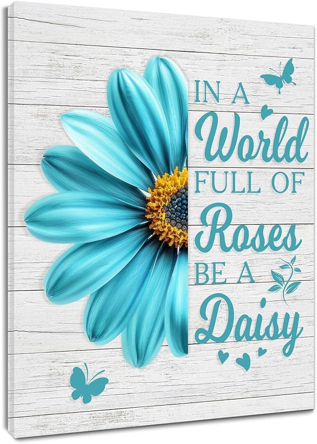 LB Teal Daisy Floral Canvas Wall Art Farmhouse Flower Funny Inspirational Quote Framed Art Prints Rustic Butterfly Wall Decor for Bedroom Living Room Bathroom Kitchen Home Office,10Lx8W inch