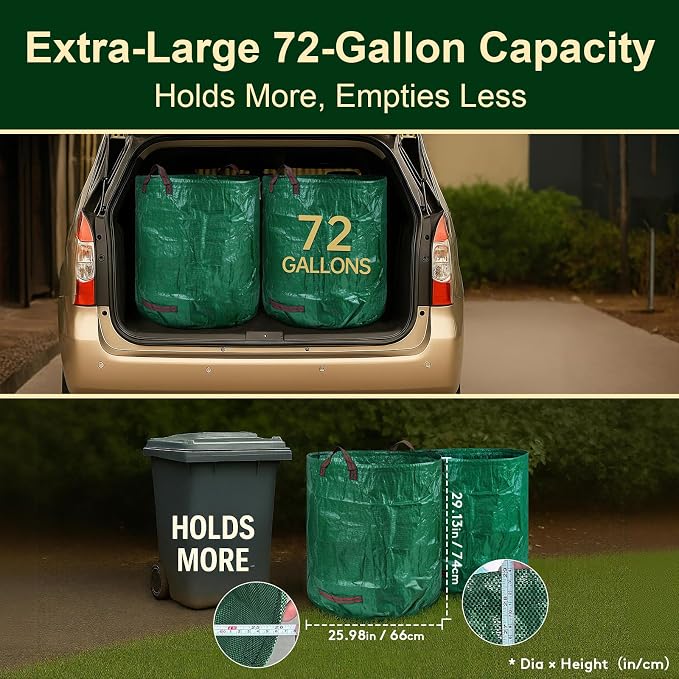 72 Gallon Reusable Yard Waste Bags (3 Pack), Heavy Duty Stand-Up Leaf & Lawn Bags, 150 GSM Woven PP (PE Coated), Double-Layer Bottom, Top & Bottom Reinforced Handles, Cowhide Gloves Included