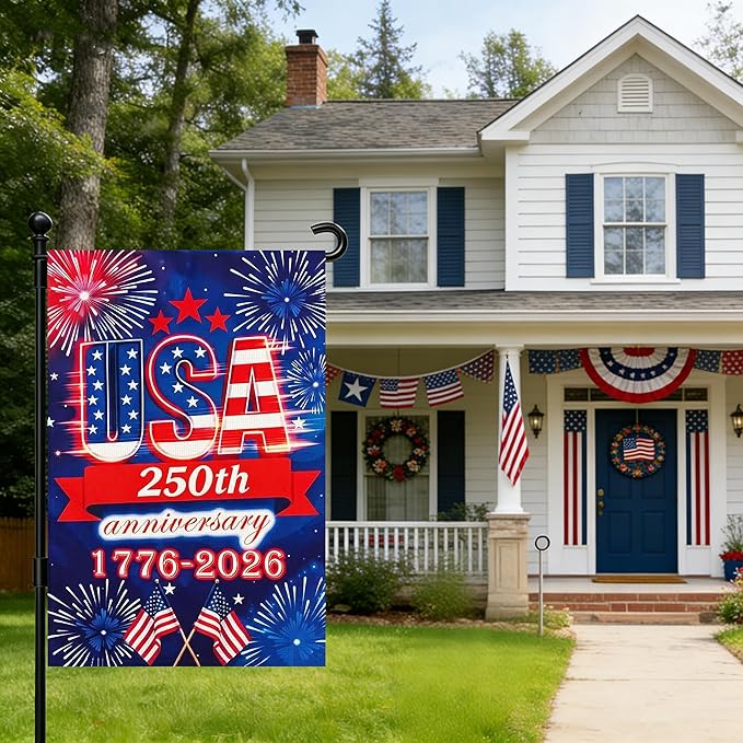 250 Anniversary Usa Garden Flags for Outside, 250 Anniversary USA Flag 1776-2026 Commemorative Patriotic Yard Sign Outdoor Firework Design Banner 4th of July Decorations Double Sided Waterproof 250 Year American Flag 12x18 Inch