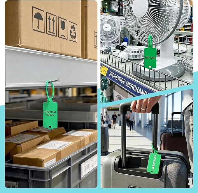 LeonBach 100 PCS Plastic Shipping Tags, 1.46" x 2.48", Waterproof Labels Writable Hanging Tag with Sealing Strap, Shipping Cable Tie Label Tags for Keys Luggage Logistic Retail Inventory(Green)