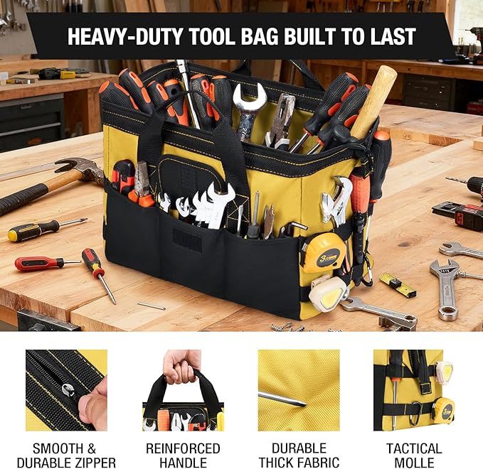 HISEA 3 Pack Heavy Duty Tool Bag with Storage Pockets, 16-Inch Tools Organizer Tote with Wide Base, Waterproof Durable Tool Bags with Zipper for Electrician, Tradesman (Yellow)