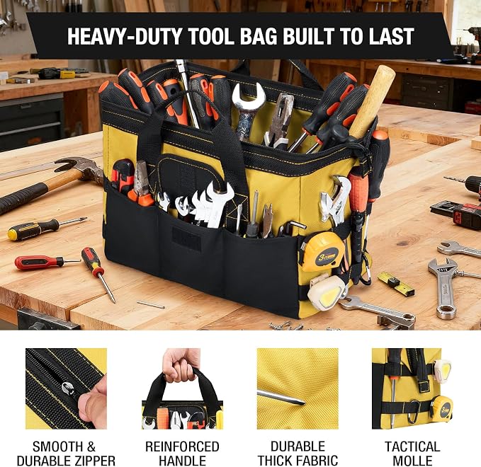 HISEA 3 Pack Heavy Duty Tool Bag with Storage Pockets, 16-Inch Tools Organizer Tote with Wide Base, Waterproof Durable Tool Bags with Zipper for Electrician, Tradesman (Red, Yellow, Blue)