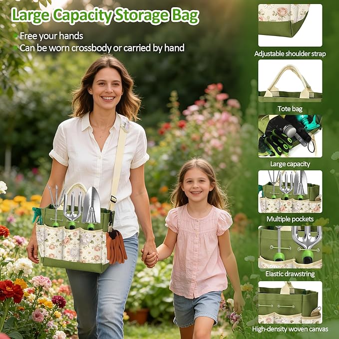 Garden Tool Set with Floral Bag,9-Piece Stainless Steel Gardening Hand Tool with Rubber Non-Slip Handle,Yard Tools Gifts for Women & Seniors,for Planting, Weeding & Seedling Transplanting