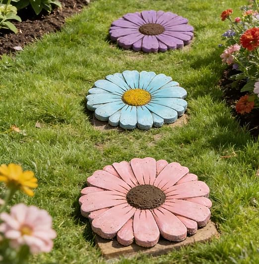 2 Pack Daisy Cement Stepping Stones 10 Inch, Heavy Duty Garden Pathway Stones, Non Slip Outdoor Walkway Decor for Yard Patio Lawn, Weather Resistant Cement Stepping Stones (Pink)
