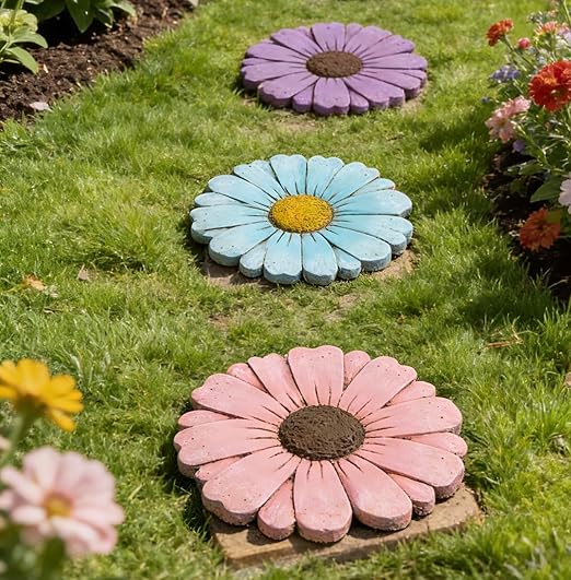 Heavy Duty Concrete Stepping Stone 10 Inch Daisy Design, Non Slip Garden Pathway Stone for Outdoor Walkway Yard Patio Lawn (Pink)