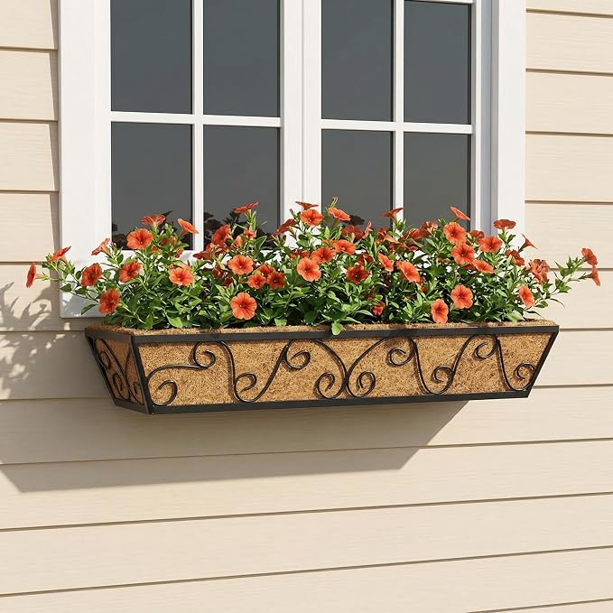Y&M 4Pcs 30'' Large Railing Planter Boxes with Coco Liner, Outdoor Hanging Window Flower Boxes for Deck, Fence, Porch, and Patio