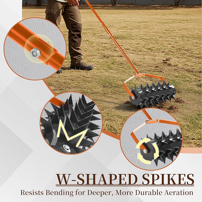 18in Rolling Lawn Aerator, Heavy Duty Manual Aerator Lawn Tool, Lawn Spike Aerator Roller with Adjustable Handle, Soil Penetrator Push Lawn Aeration for Garden Yard Patio (Orange)