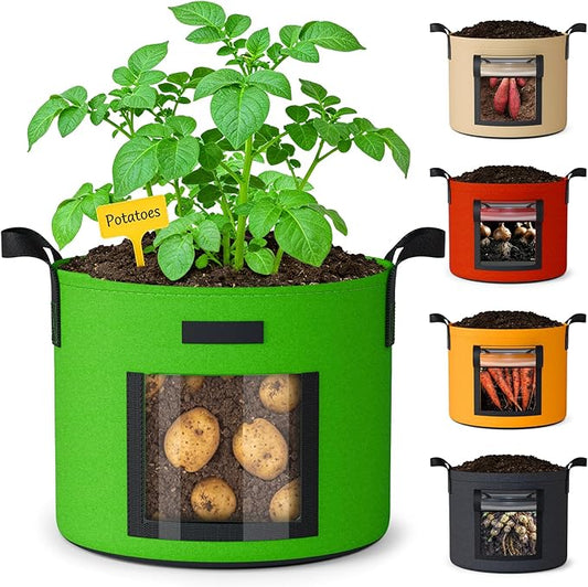 20 Gallon Potato Grow Bags: Set of 5 Colorful Gardening Supplies Fabric Pots with Harvest Window Reinforced Handles - Planting Container for Vegetable Tomatoes Carrot Flowers Balcony Patio Use